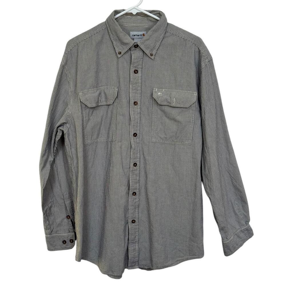 Carhartt Large Mens Long Sleeve Button Down Shirt 90s (?) Vertical Stripes VTG